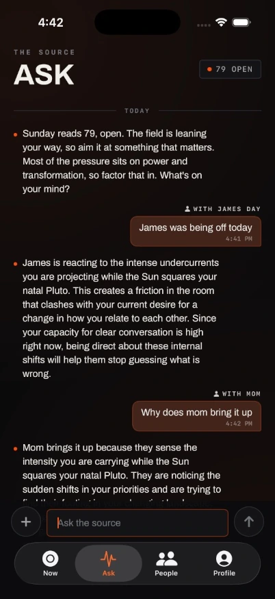 The SOURCECODED Ask screen. The day reads 79, open. Asked why James was off today, it answers from his rhythm and yours, then says what will help.
