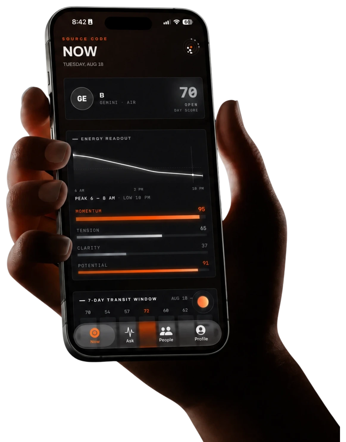 A hand holding a phone with the SOURCECODED NOW screen: 70 OPEN day score and energy read